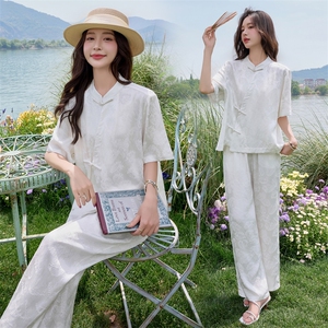 盘扣提花套装女2025夏新款新中式高端洋气御姐范阔腿裤两件套图片