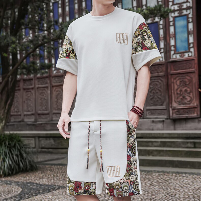 夏季薄款刺绣拼接休闲运动短裤T恤套装小熊拼接A266-TZ8808-P50图片