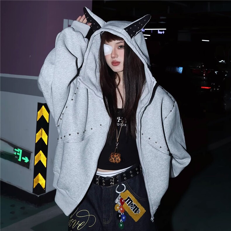 小众设计感铆钉拼接杜宾犬连帽运动衫男女宽松休闲百搭外套上衣潮，女装短外套，星座1210-1