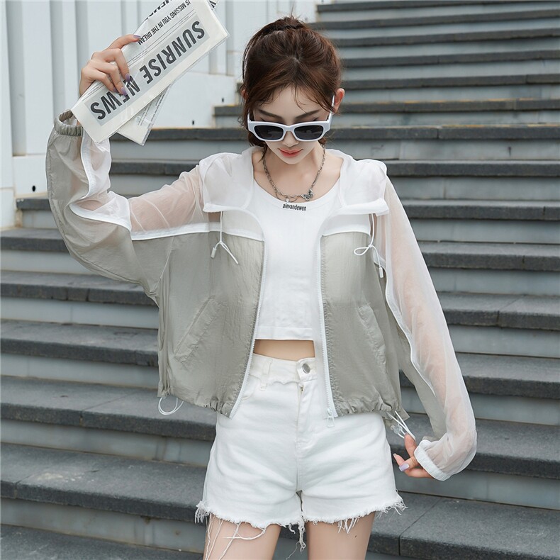 韩版拼接撞色休闲风连帽防晒外套女2025夏季新款时尚宽松防晒上衣,女装短外套,安之芮娜