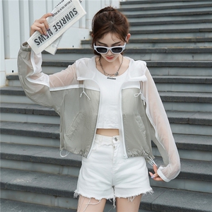 韩版拼接撞色休闲风连帽防晒外套女2025夏季新款时尚宽松防晒上衣图片