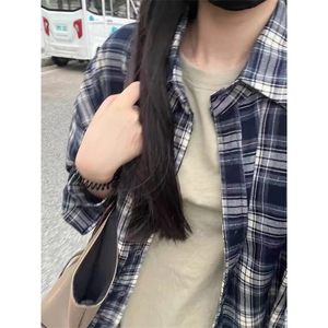 TC793-P45藏蓝色复古格纹衬衣美式休闲长袖上衣男女款高级百搭