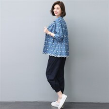 套装女2022秋季新款时尚休闲妈妈两件套牛仔绣花，女装大码女装，奕阳依阁