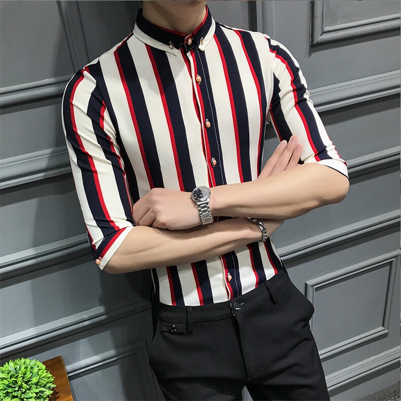 LT450-型男大条纹黑红色社会小伙七分袖衬衫大码发型师寸衫,男装衬衫,星座717A