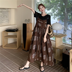 法式时尚气质百搭2025夏季新款显瘦印花拼色吊带连衣裙T恤两件套，女装连衣裙，2C375