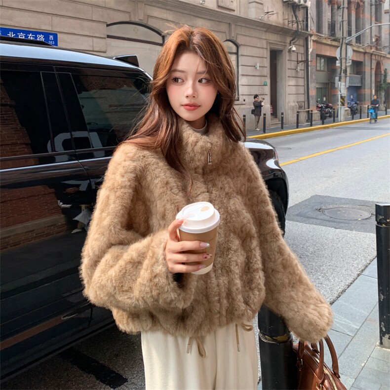 卡其色秋冬皮毛一体外套女仿水貂绒休闲上衣2C353--713#P180K268,女装短外套,2C353