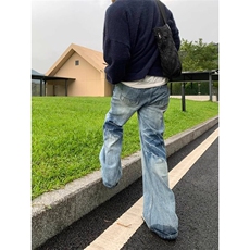 W9708-P60网图现货冰蓝水洗牛仔裤凌乱猫须水洗直筒休闲长裤，男装牛仔裤，星座1608-2