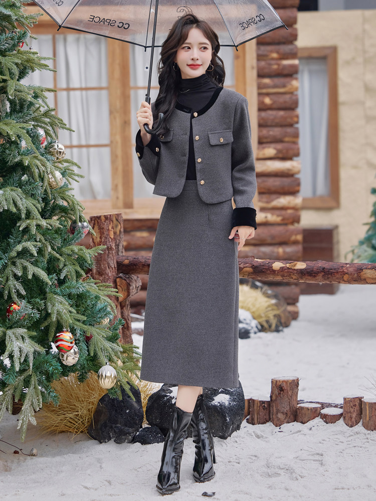 【新款现货】2025新款冬装法式时尚小香风套装长裙两件套含60毛,女装套装/套裙,尚洛菲
