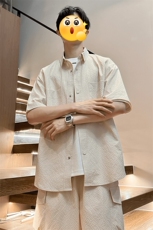 GENIOLAMODE冰丝休闲运动衬衫套装夏季男士短袖短裤帅气潮牌穿搭，男装休闲套装，电商A001
