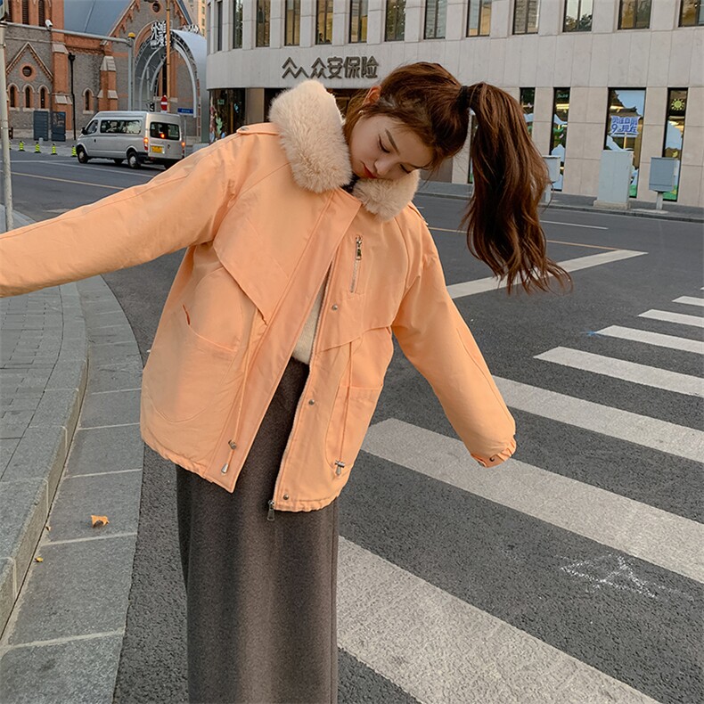 橘色短款加绒派克棉服女冬2024新款奶fufu女生羽绒棉衣棉袄厚外套,女装短外套,2C037