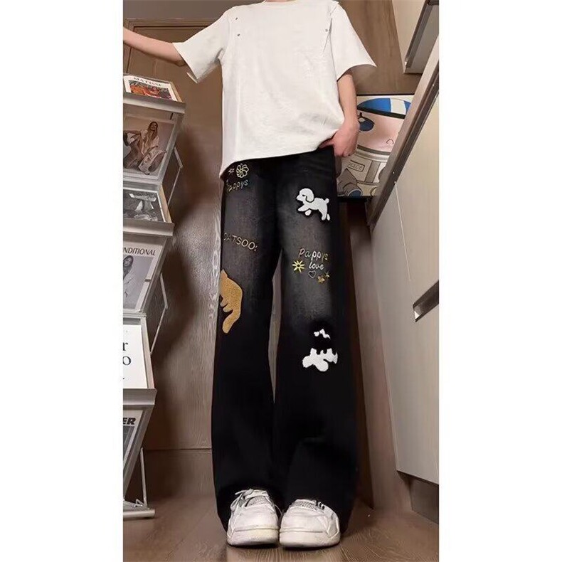 高街涂鸦小狗刺绣牛仔裤男青少年时尚百搭水洗直筒长裤NA440,男装牛仔裤,星座1116A（原606A-3）