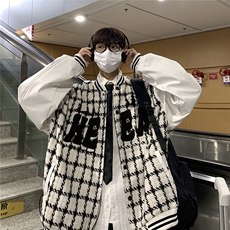 EQ85毛巾绣棒球服情侣外套男格子编织夹克2024新款春装港风P113，男装夹克，电商C306-1
