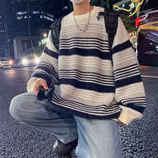 圆领条纹针织衫男情侣款线衣外套高级感痞帅毛衣5574P55，男装针织衫/毛衣，星座410-2