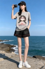 学院风网红运动套装女夏新款圆领卡通印花短袖阔腿牛仔短裤两件套，女装套装/套裙，江南