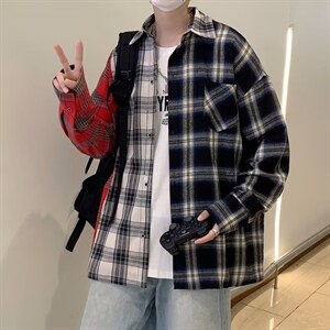 春秋季港风ins潮流宽松休闲衬衣双色拼接格子衬衫男 W3840-P33图片