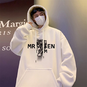CM080纯棉宽松连帽卫衣男oversize烟雾字母港风潮牌男装帽衫,8cm短款上衣搭配图片