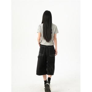 2284-P40 高腰五分阔腿牛仔裤女夏新款宽松显瘦百搭过膝中裤图片