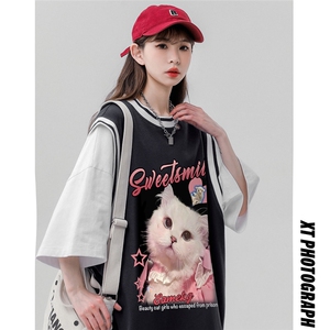 ！夏季时尚可爱小猫印花假两件背心短袖T恤女T6618 P40控58图片