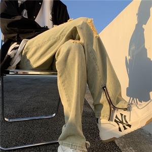 美式拉链开叉男高街水洗做旧修身破洞拖地牛仔裤KN85-P60图片