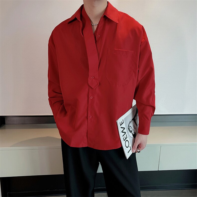 春季新款安可拉红长袖衬衫男小众网红痞帅领带衬衣潮流CS883-P63,男装衬衫,电商B267
