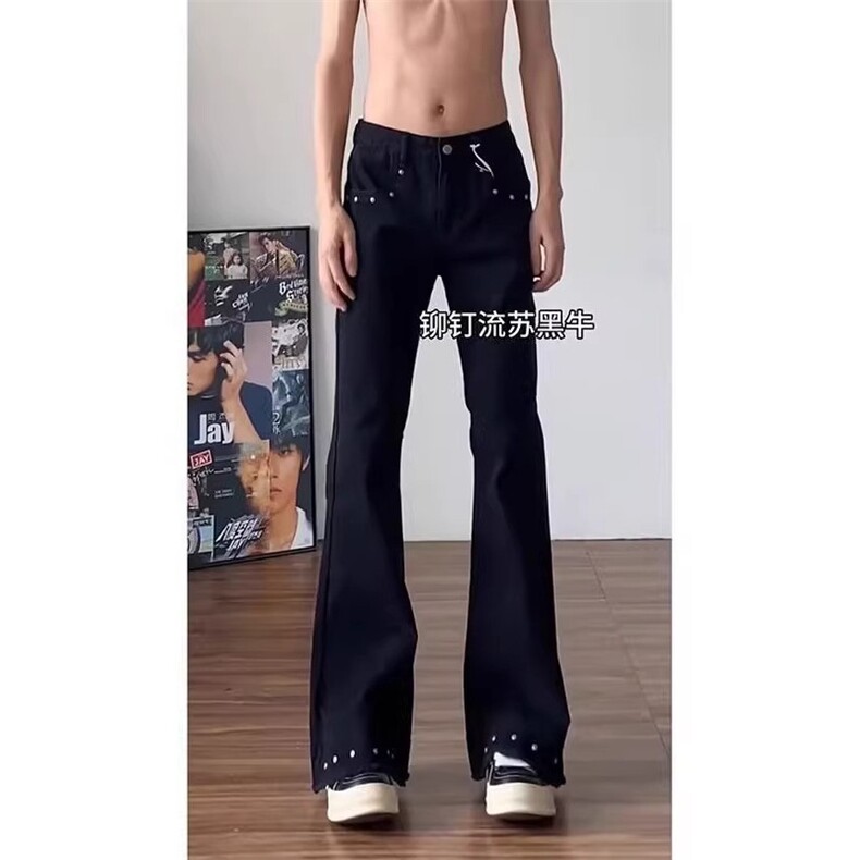 美式铆钉毛边黑色微喇牛仔裤男女高街修身显瘦休闲裤子LA4666-P45图片