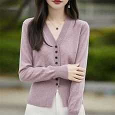 法式V领简约设计感长袖针织开衫外套女修身显瘦毛衣短款外搭上衣，女装针织衫/毛衣，佳绒包芯纱店