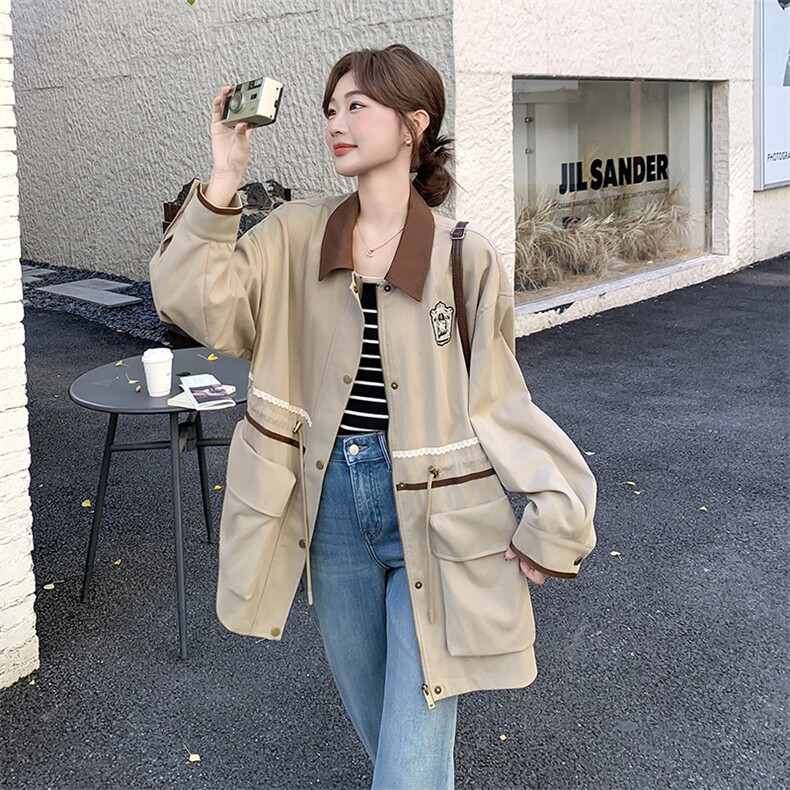 新款【现货】卡其色韩系撞色外套192-629P170K248,女装风衣,浙宝192（原082）