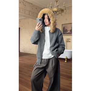 现货韩系慵懒风高级感毛领毛衣连帽针织衫外套H25-特P60图片