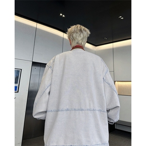 美式高街小众水洗做旧立领牛仔外套男女春秋季宽松潮牌百搭夹克潮图片
