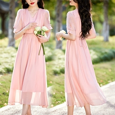 2024年夏季纯色V领短袖长款盘扣复古女装连衣裙，女装连衣裙，初闻兮