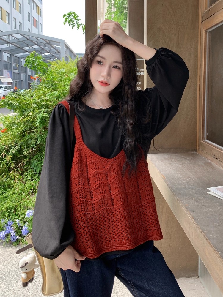 针织镂空背心上衣衬衫叠穿套装女秋巨好看绝美两件套女秋,女装套装/套裙,2B219