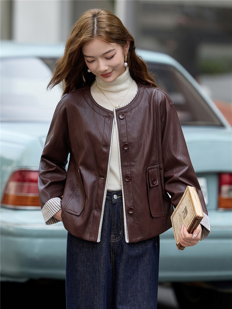2025秋季女装新款小香风相拼短款皮衣外套,女装皮衣,魅衣本色