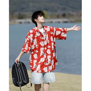 8XL-M 冰丝凉感衬衣垂感透气复古花纹宽松男五分袖短袖衬衫CS526图片