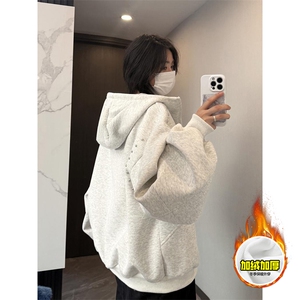 480G重磅加绒硬挺boxy 男女秋冬美式高街卫衣铆钉拼接开衫厚外套图片