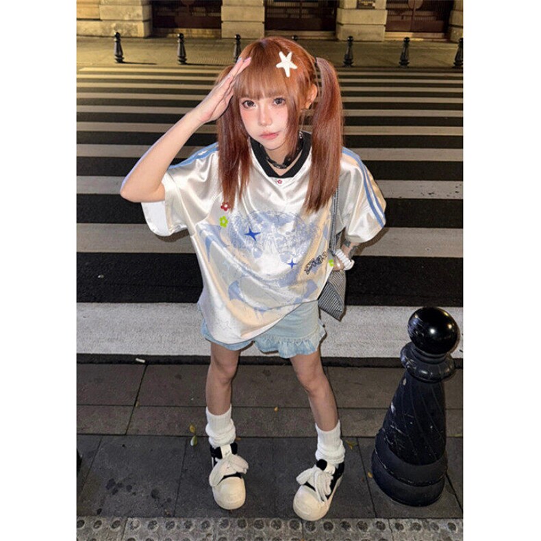 美式复古卡通少女球衣短袖T恤女宽松拼接V领休闲上衣夏TB116,男装T恤,星座1116A（原606A-3）