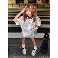 美式复古卡通少女球衣短袖T恤女宽松拼接V领休闲上衣夏TB116，男装T恤，星座1116A（原606A-3）
