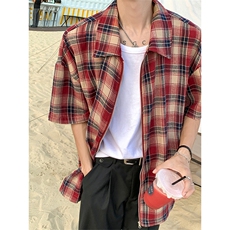 格子衬衫X2466-TP35控价58夏新五分袖衬衫宽松潮牌痞帅格纹外套，男装衬衫，电商A102-1