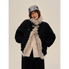 现货重磅硬挺boxy羽绒棉衣座山雕大毛毛领洗水麂皮棉服冬外套，男装棉衣，电商A486-1