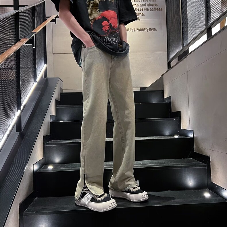 美式黄泥色牛仔裤男春秋修身直筒痞帅裤子高街vibe潮牌QH430-P45,男装牛仔裤,星座1008