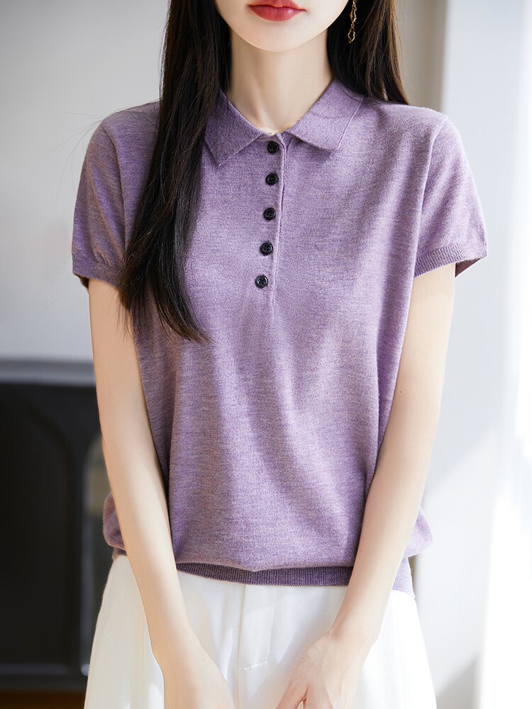 POLO翻领短袖针织T恤女2025夏薄款新款精纺薄款打底小衫t恤衫上衣,针织衫/毛衣,暖烁特种纱工厂店