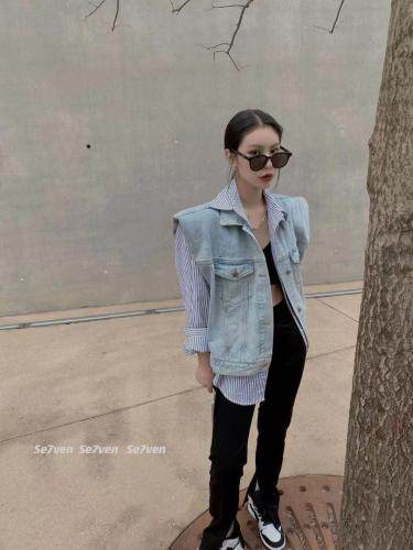 垫肩洋气网红牛仔马甲，女装马夹，777