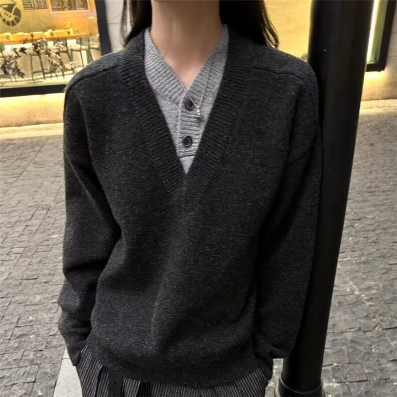 日美式毛衣男女V领早秋设计感小众假两件复古重磅针织衫外套新款,男装针织衫/毛衣,星座506A
