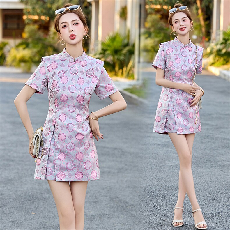 新中式国风短裤套装女夏新款高级感小个子清新甜美改良旗袍两件套，女装套装/套裙，玖莱伊