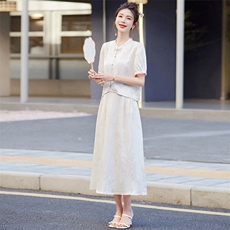 2024夏季新款竹子叶提花缎松紧腰真口袋新中式套装两件套裙女士潮，女装套装/套裙，新依时派