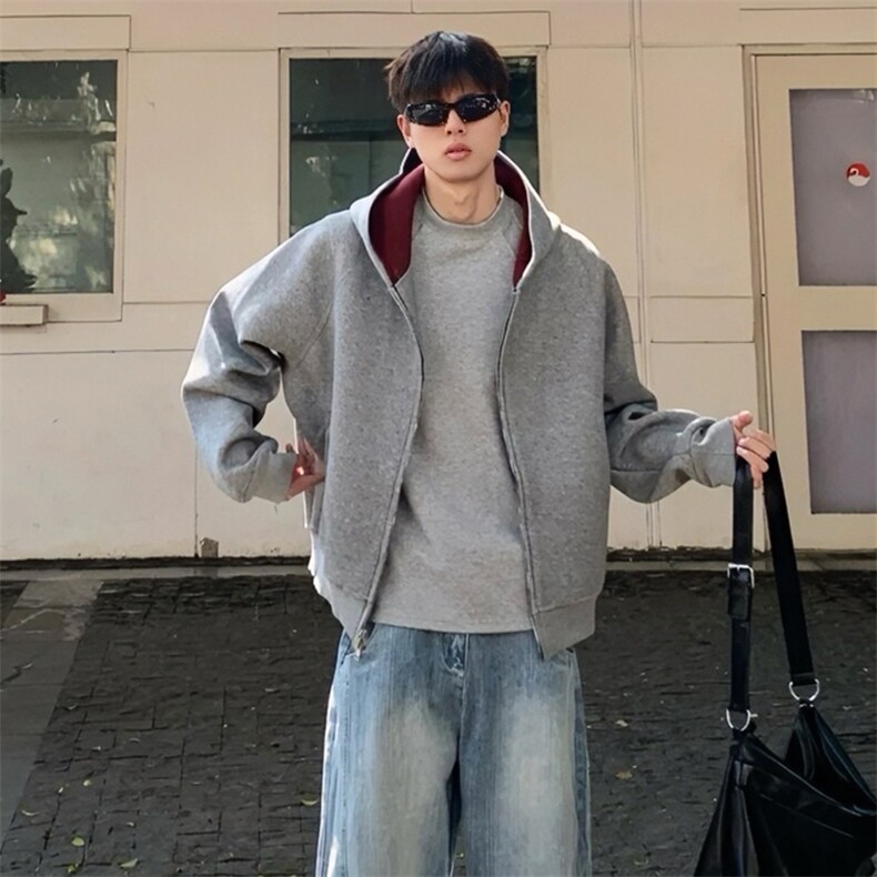 抖音得物高品质秋冬美式高街重磅结构双层双面连帽卫衣外套XS107，女装短外套，电商A486-1