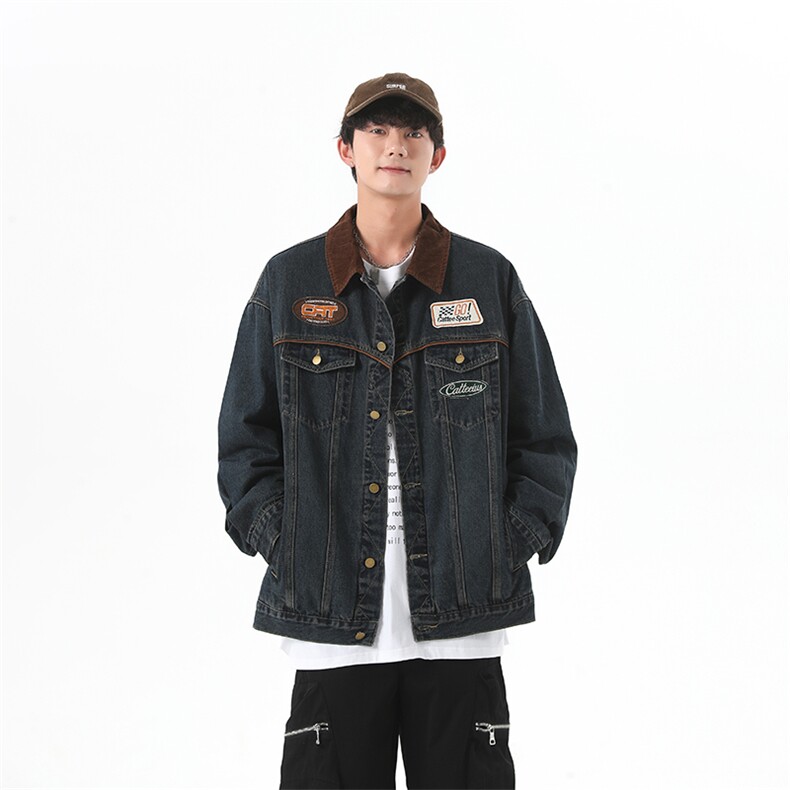 春新款美式复古牛仔外套男机车潮牌翻领夹克宽松上衣JK1099-P85,男装工装外套,星座1103-3