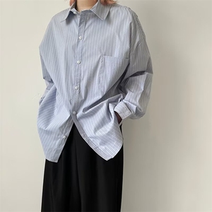 复古清新条纹衬衫长袖春夏宽松休闲中性无性别男女同款衬衣外套图片