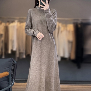秋冬新款100羊绒衫女圆领连衣裙套头中长款宽松百搭针织羊毛毛衣图片