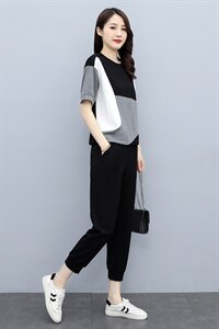 2023夏季新款简约气质圆领拼色休闲运动风潮流两件套图片