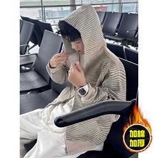 480G重磅加绒硬挺boxy男女秋冬美式高街条纹毛呢卫衣开衫厚外套，女装短外套，电商A486-1